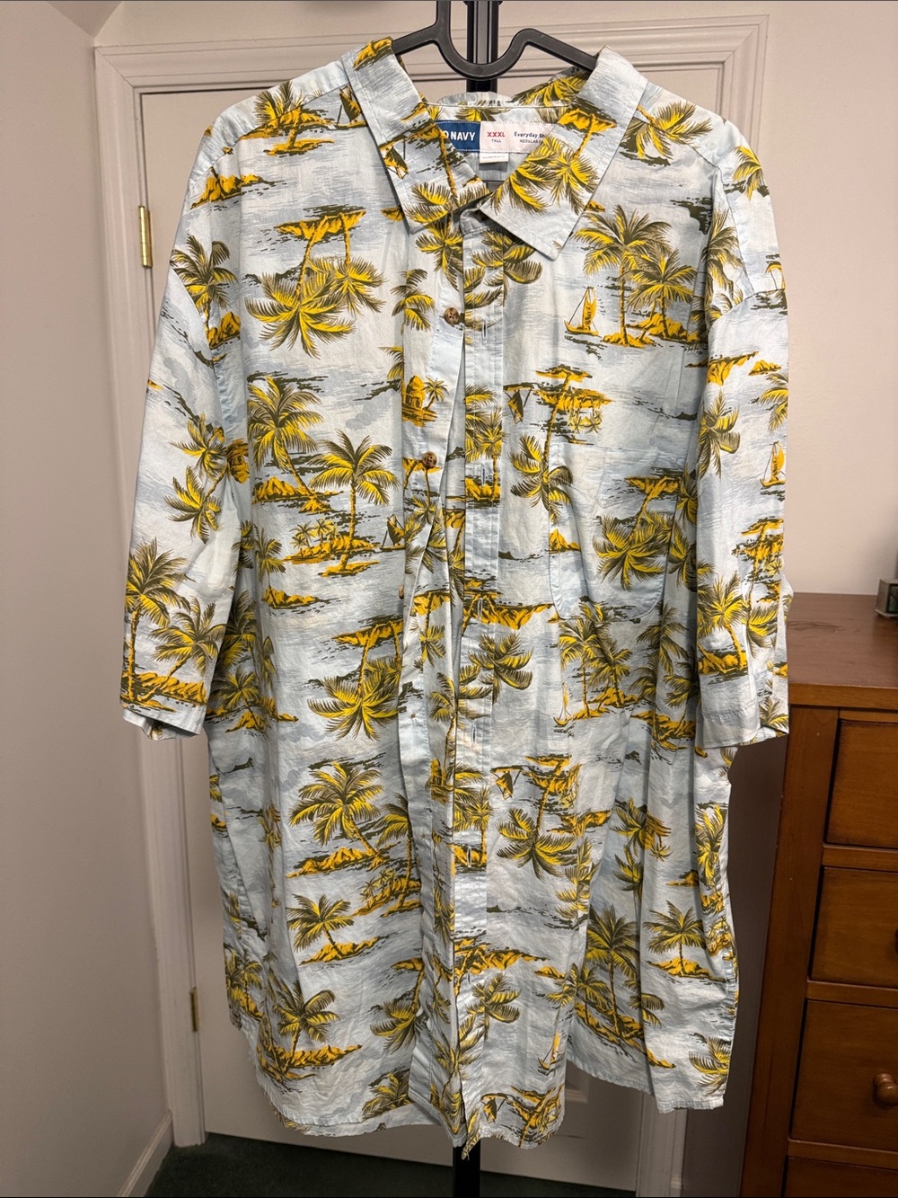 Old Navy 3XLT Light Blue Tropical Shirt with Yellow Palm Print